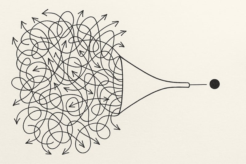 A hand-drawn funnel compresses a noisy field of options into one clear dot, capturing the relief of moving from overwhelm to a single confident choice.
